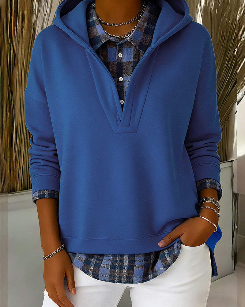 Bluza z kapturem dwuczęściowa w kratkę z imitacją patchworku