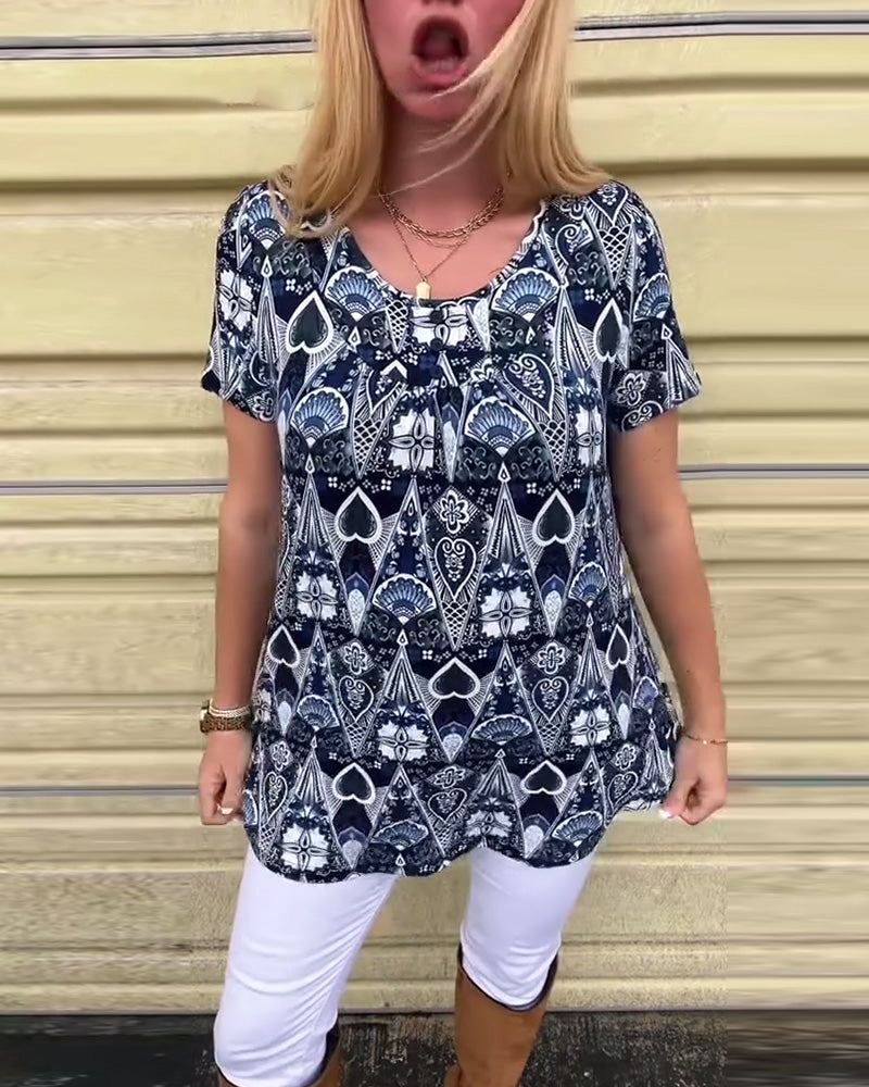 Koszulka casualowa retro z okrągłym dekoltem i nadrukiem