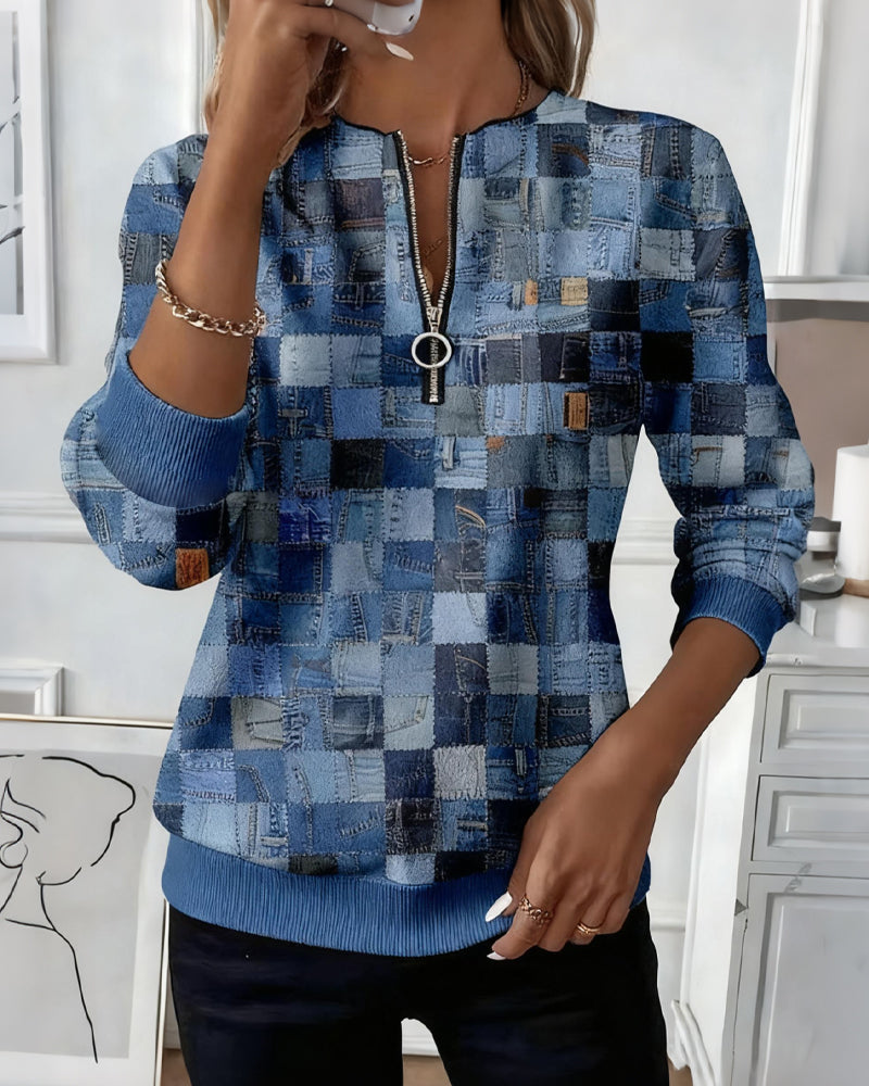 Bluza z półzamkiem i wzorem w kratkę