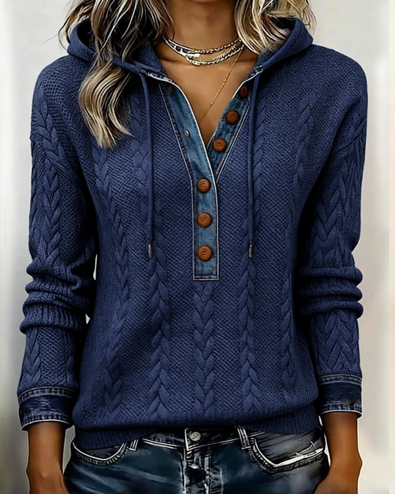 Bluza z kapturem z długim rękawem i blokami kolorów i guzikami