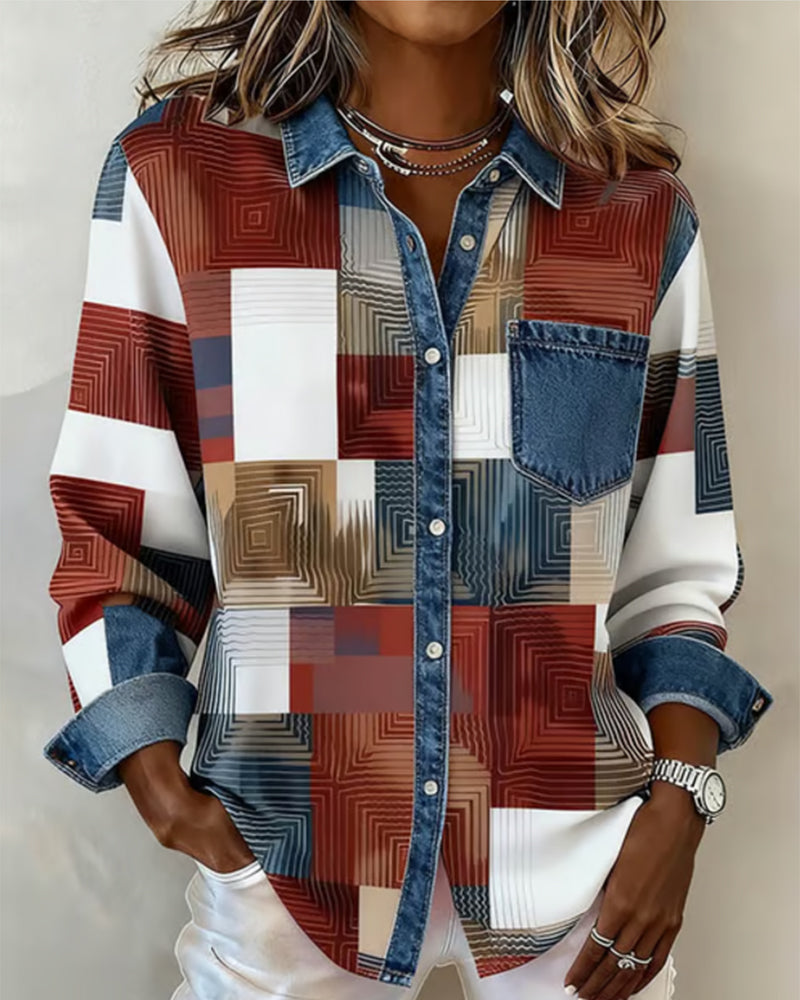 Koszula w bloki kolorów z modnym kołnierzykiem