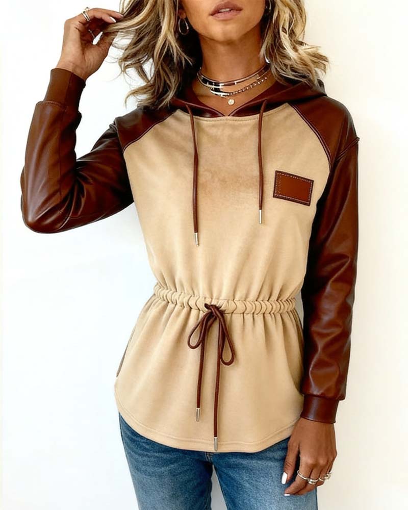 Bluza z długim rękawem i kapturem z patchworku PU