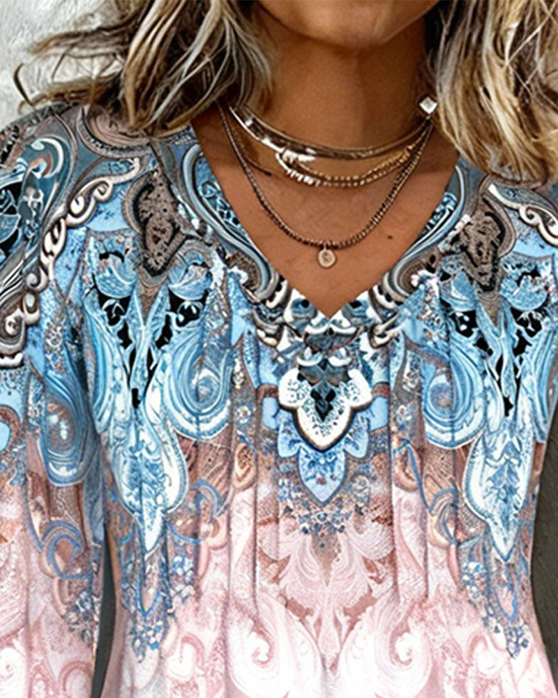 Top z rękawami typu latarnia i dekoltem w serek, nadruk