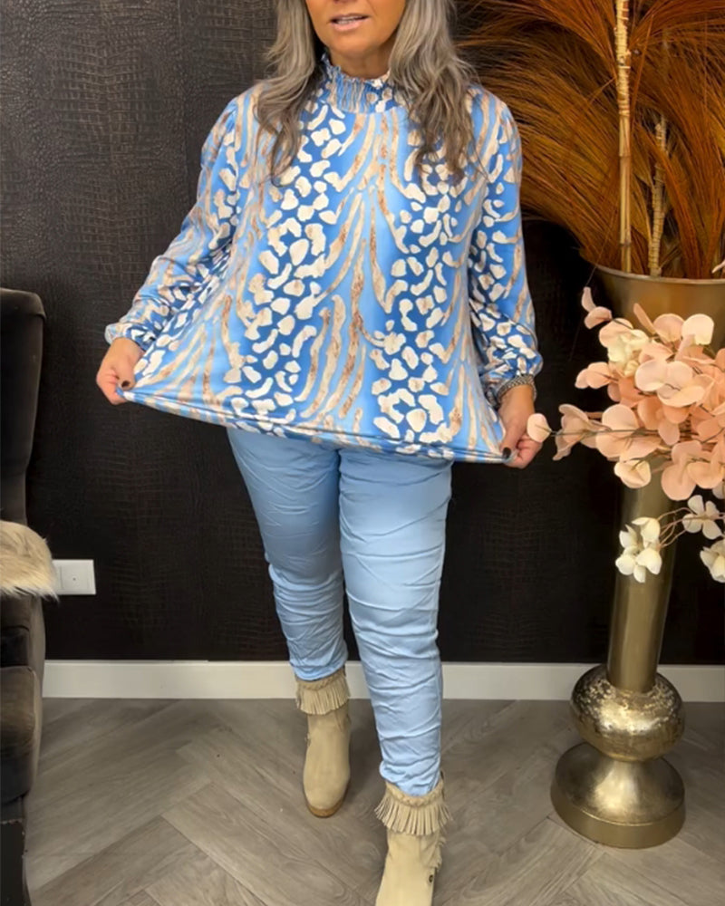 Bluzka z długim rękawem, stójką i nadrukiem