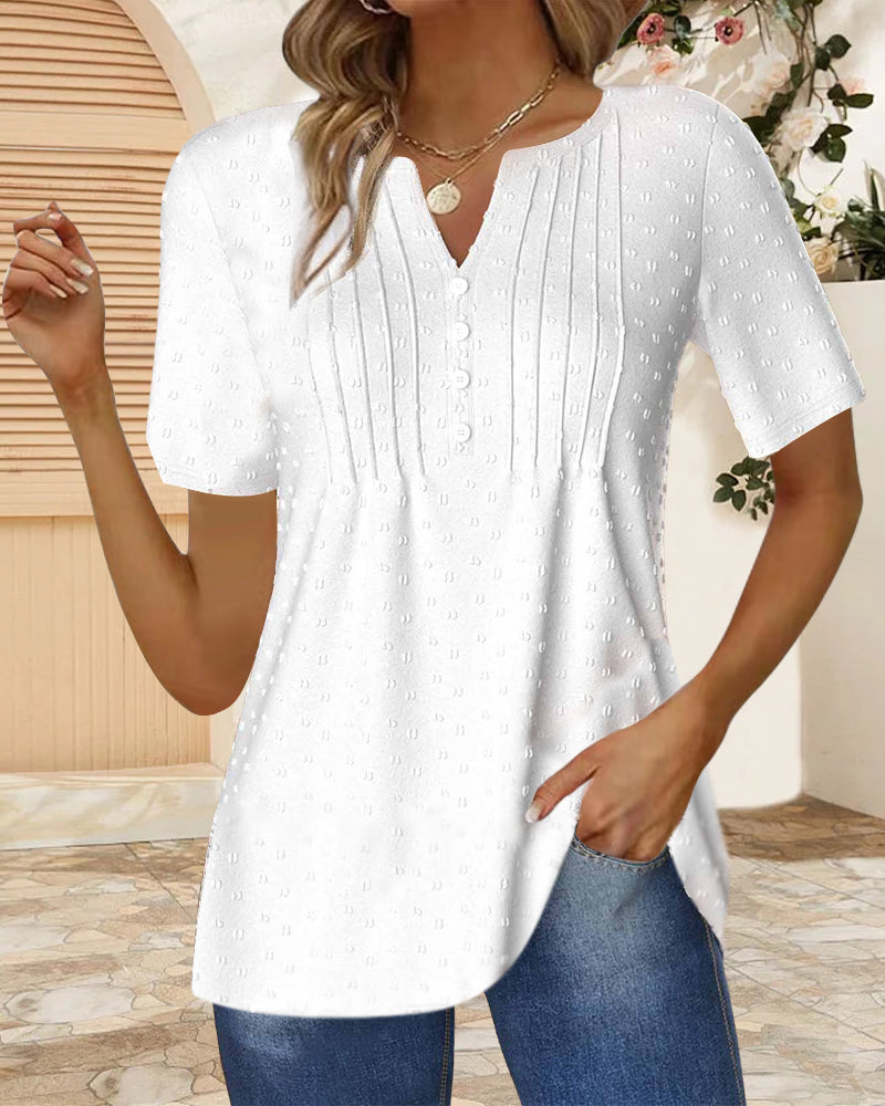 Prosty, gładki top żakardowy z dekoltem w serek i krótkimi rękawami