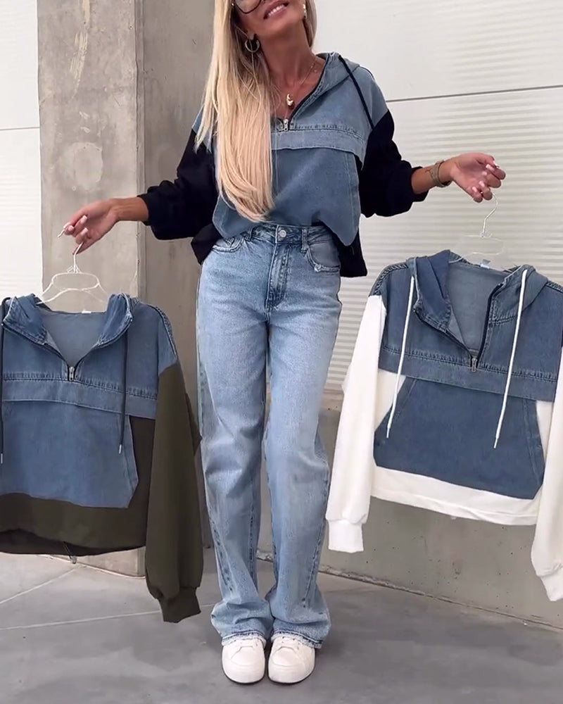 Luźna, dżinsowa, patchworkowa bluza z kapturem i zamkiem błyskawicznym