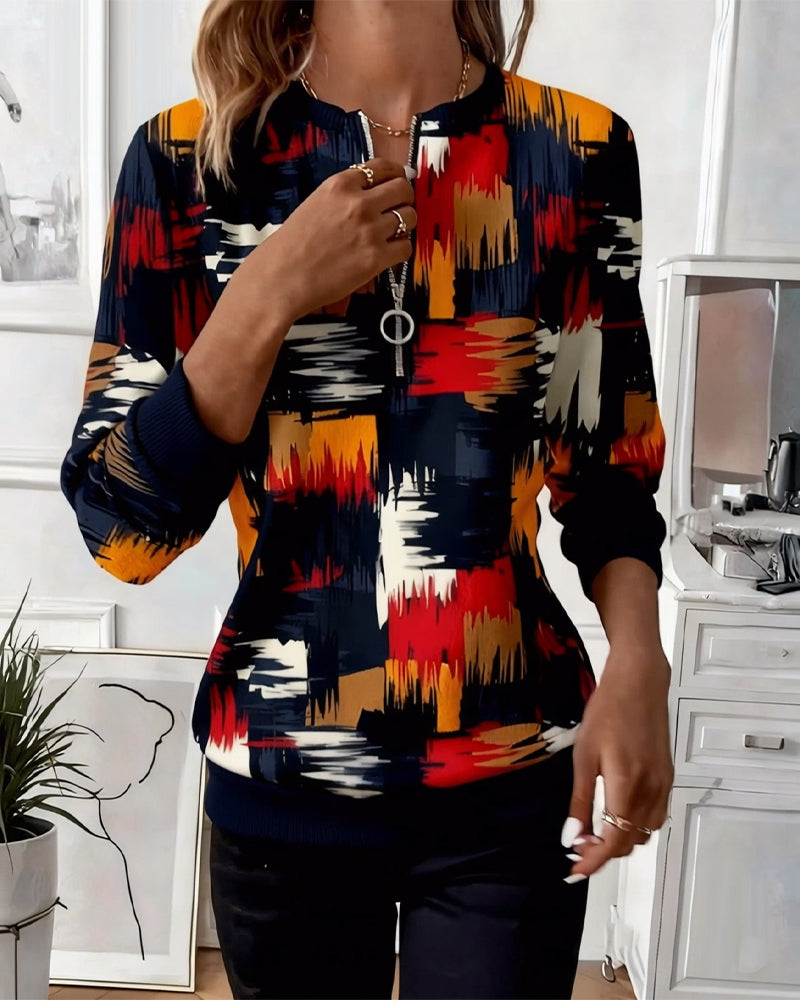 Bluza z nadrukiem, swobodna, zapinana na zamek, modna