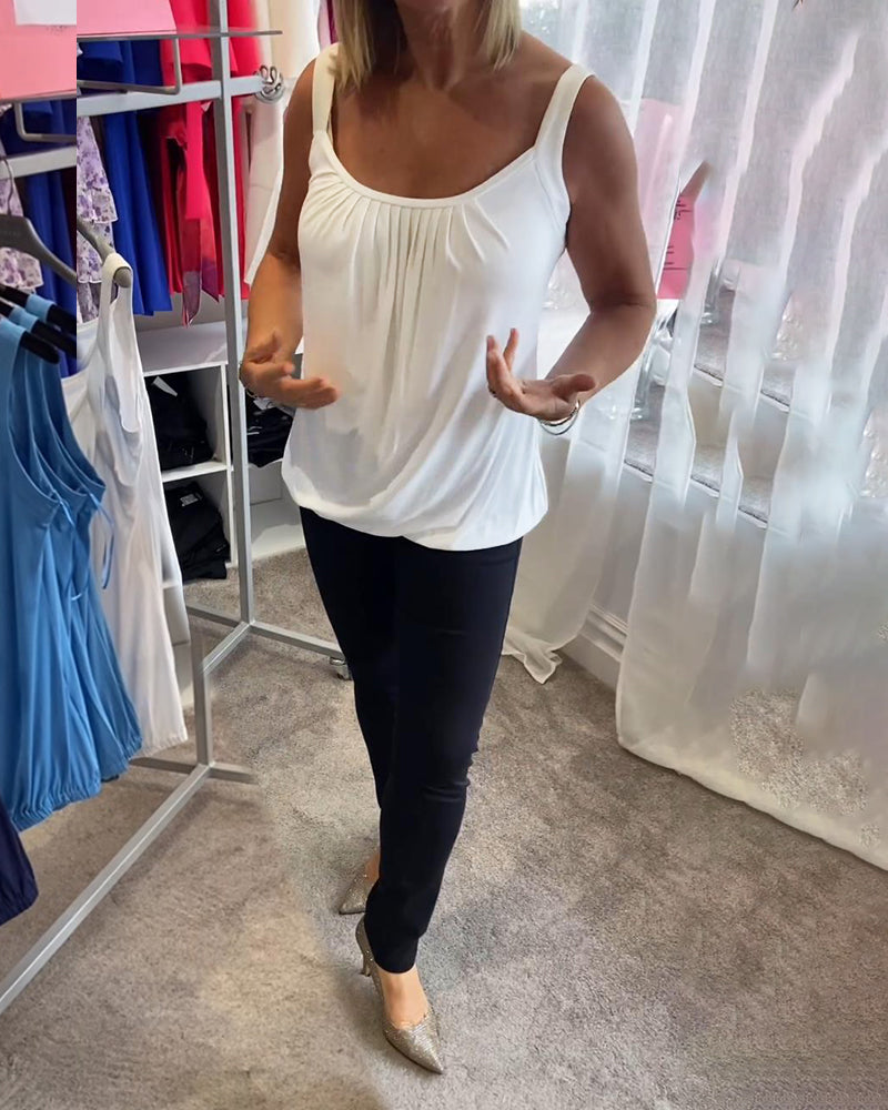 Luźny top bez rękawów z zakładkami i jednolitym kolorem