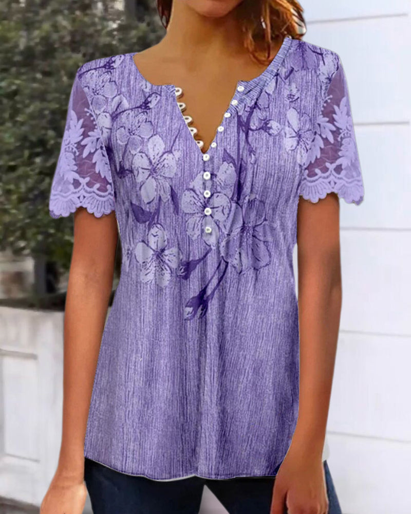 Bluzka z koronkową wstawką, okrągły dekolt, nadruk