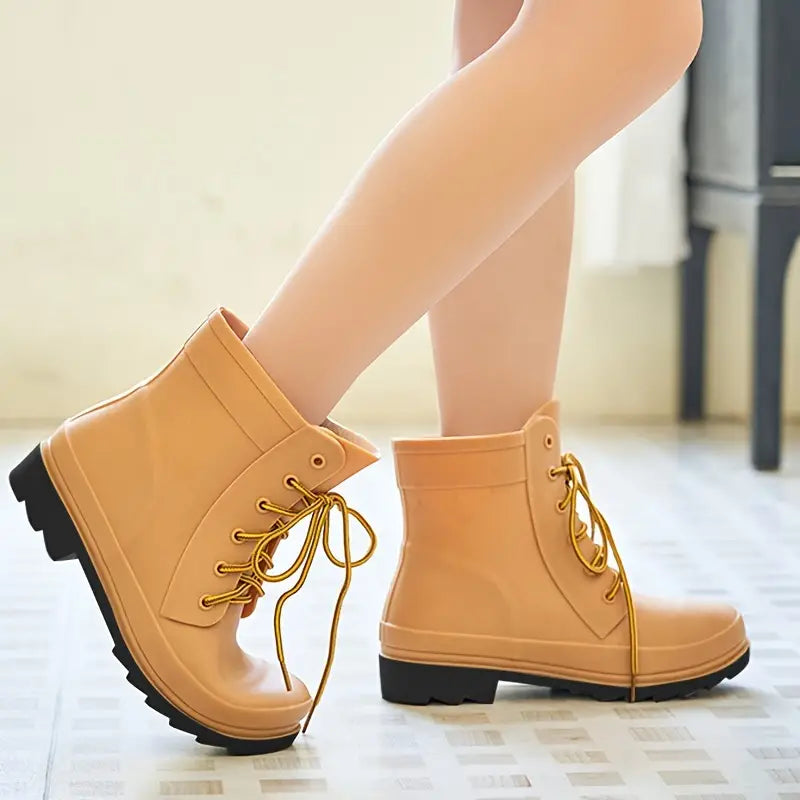 Damskie gumowe botki do kostki - wodoodporne buty sznurowane