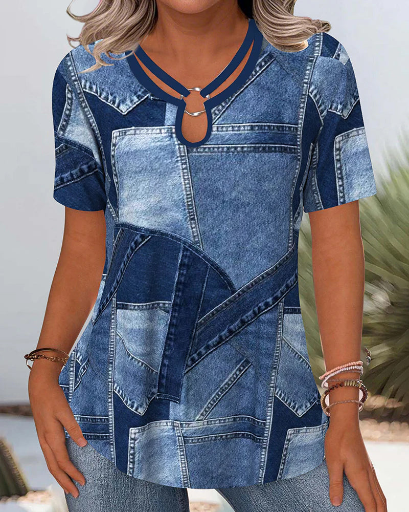 Bluzka vintage denim kontrastowe wycięcie