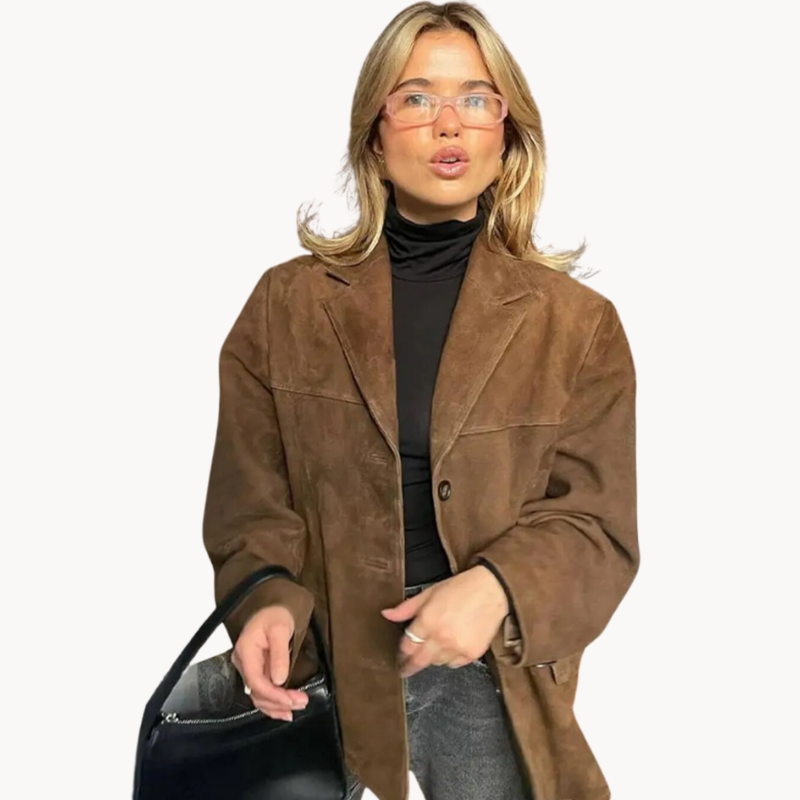 Marynarka damska zamszowa - elegancki płaszcz oversize w kolorze brązowym