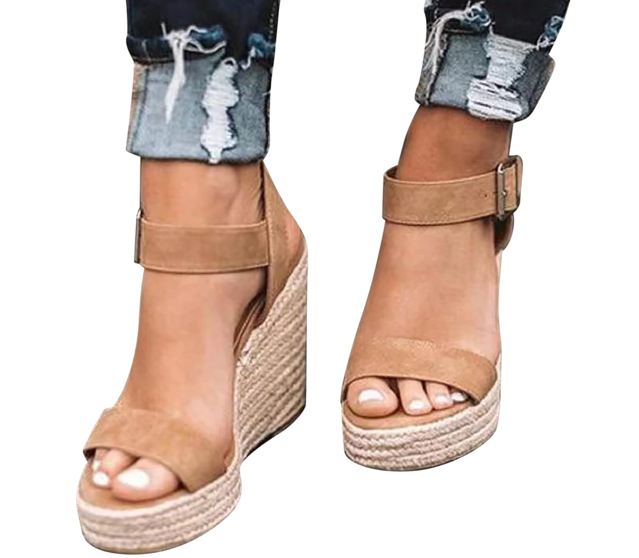 Beżowe sandały na koturnie z klamrą