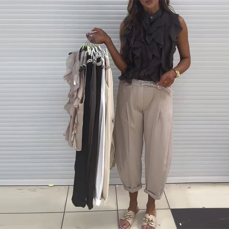 Top bez rękawów z falbanką i nadrukiem