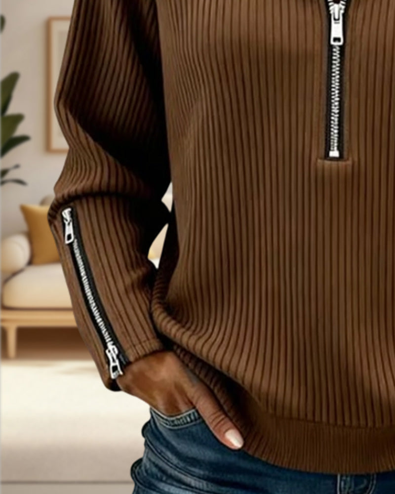 Sweter z kołnierzykiem zapinanym na zamek, swobodny