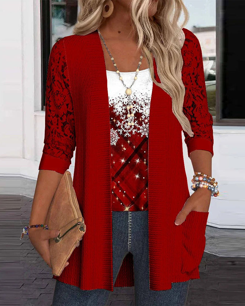 Dzianinowy top z nadrukiem w imitacji dwuczęściowej konstrukcji