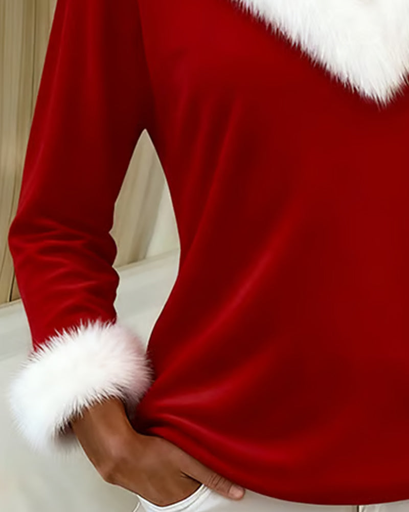 Dopasowana bluzka z dużym futrzanym kołnierzem i wzorem patchworkowym