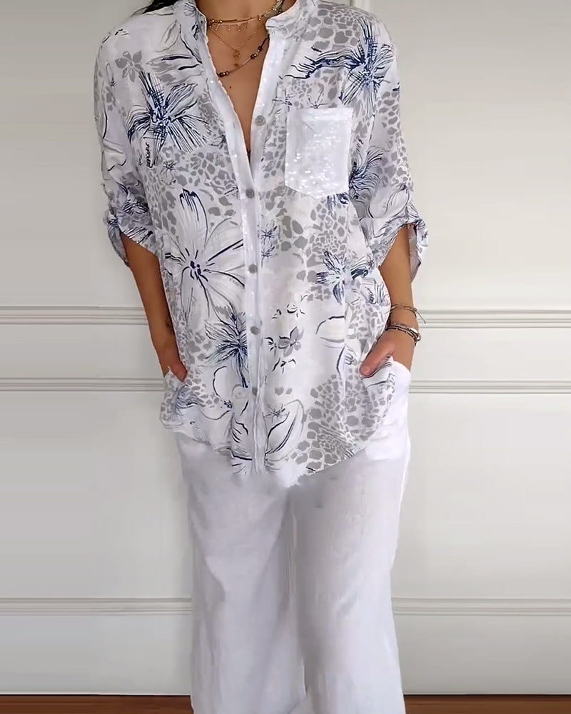 Koszula ze stojącym kołnierzykiem i nadrukowaną kieszenią