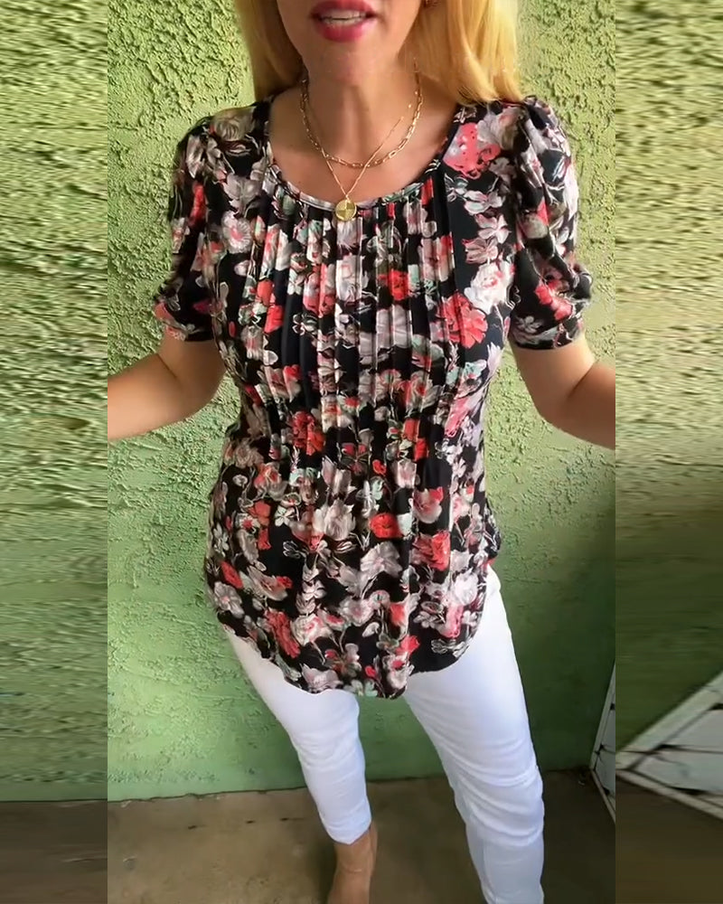 Bluzka Okrągły dekolt Bufiaste rękawy Plisowana Kwiatowy wzór