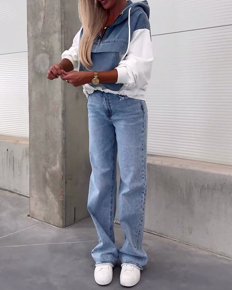 Luźna, dżinsowa, patchworkowa bluza z kapturem i zamkiem błyskawicznym