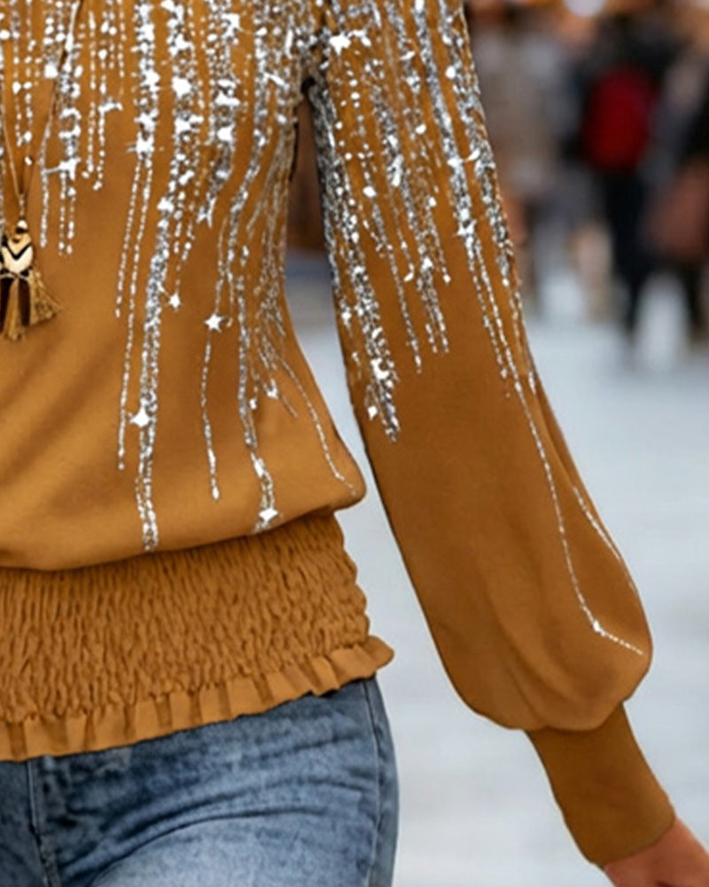 Modny top z nadrukiem i długim rękawem oraz okrągłym dekoltem