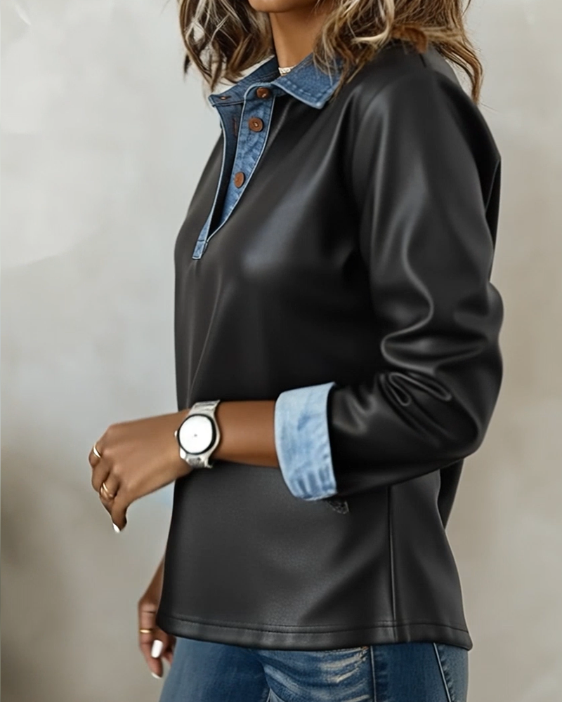 Top swobodny z kołnierzykiem ze skóry łatanej