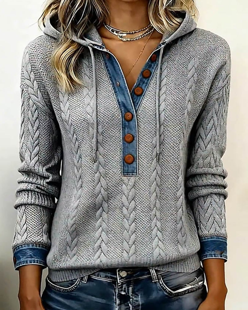 Bluza z kapturem z długim rękawem i blokami kolorów i guzikami