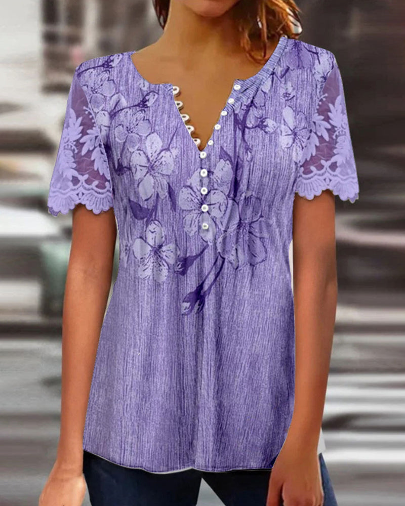 Bluzka z koronkową wstawką, okrągły dekolt, nadruk