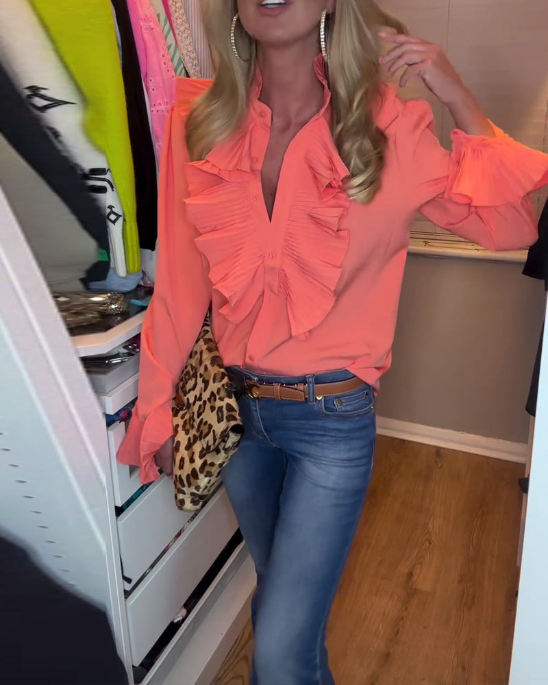 Prosta bluzka z długim rękawem i falbankami w stylu patchwork