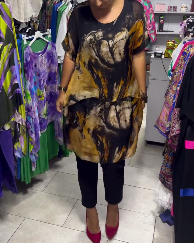 Top z okrągłym dekoltem, luźny, swobodny, z nadrukiem