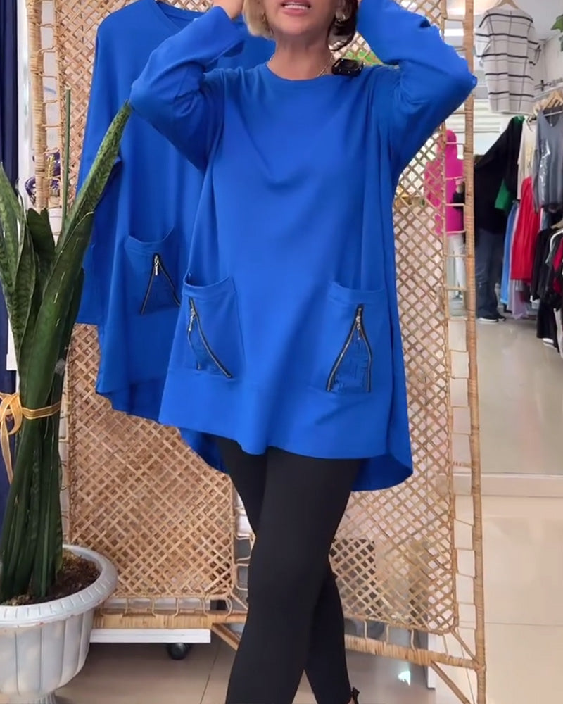 Bluza z okrągłym dekoltem, jednolitym kolorem, kieszenią na zamek