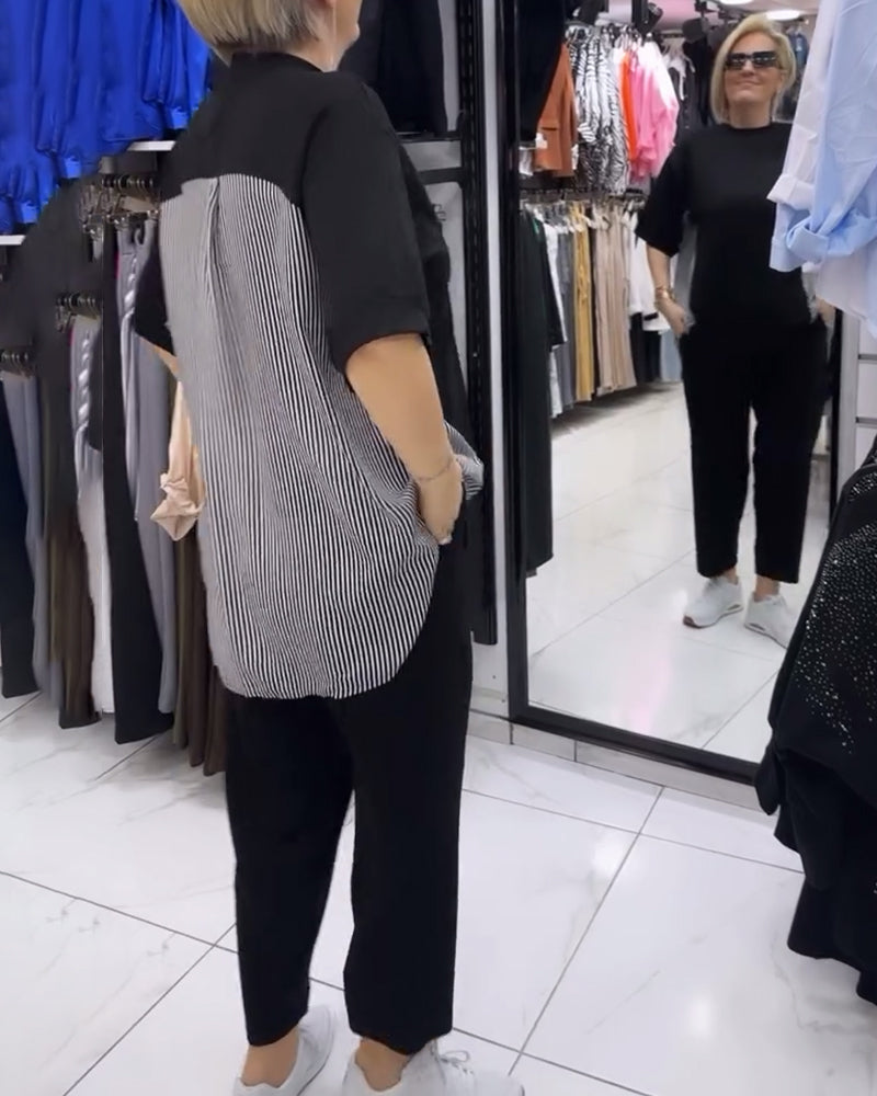 Luźna bluzka z patchworkiem i prążkami