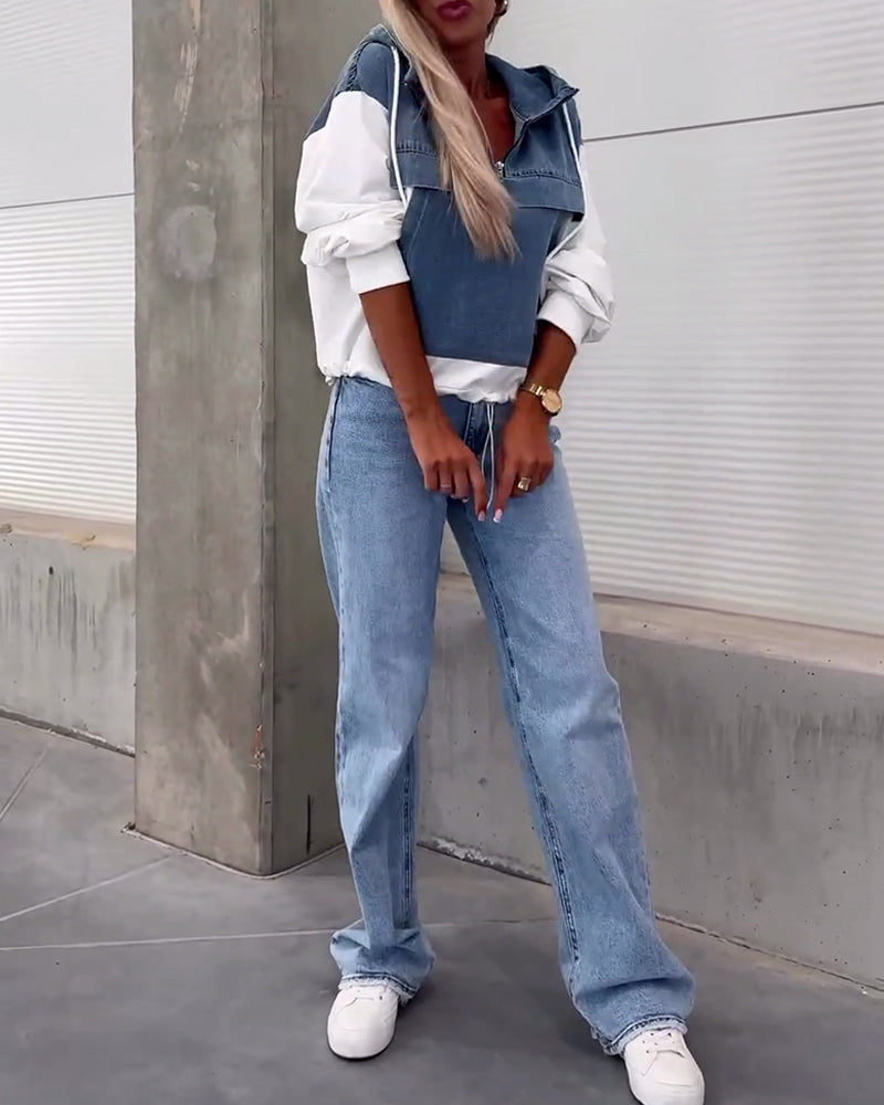 Luźna, dżinsowa, patchworkowa bluza z kapturem i zamkiem błyskawicznym