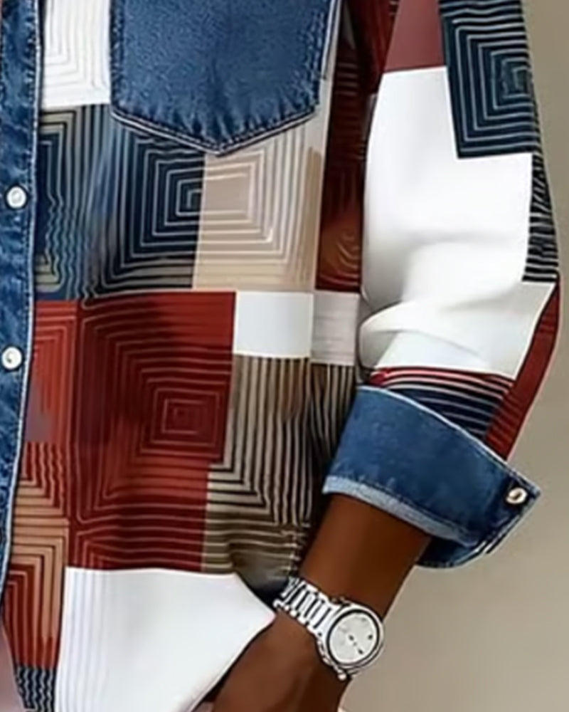 Koszula w bloki kolorów z modnym kołnierzykiem