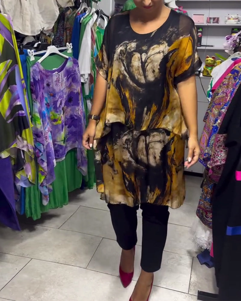 Top z okrągłym dekoltem, luźny, swobodny, z nadrukiem