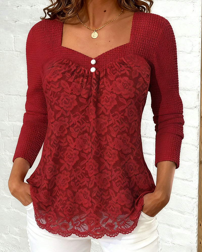 Bluzka z długim rękawem, kwadratowym dekoltem i łatkami