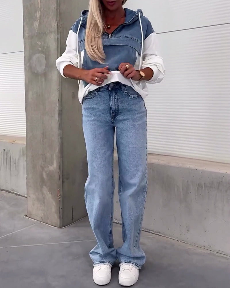 Luźna, dżinsowa, patchworkowa bluza z kapturem i zamkiem błyskawicznym