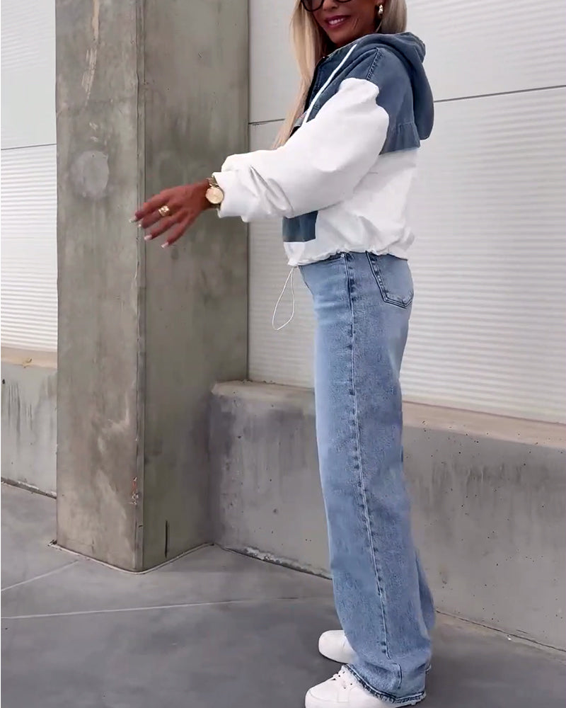 Luźna, dżinsowa, patchworkowa bluza z kapturem i zamkiem błyskawicznym