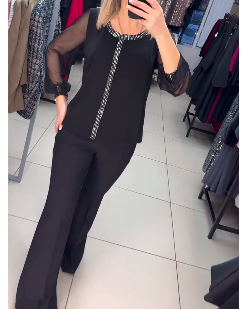 Bluzka z panelem cekinowym i długimi rękawami