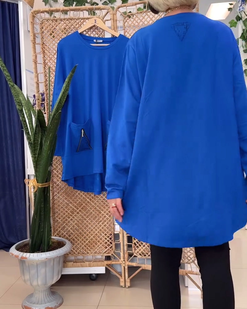 Bluza z okrągłym dekoltem, jednolitym kolorem, kieszenią na zamek