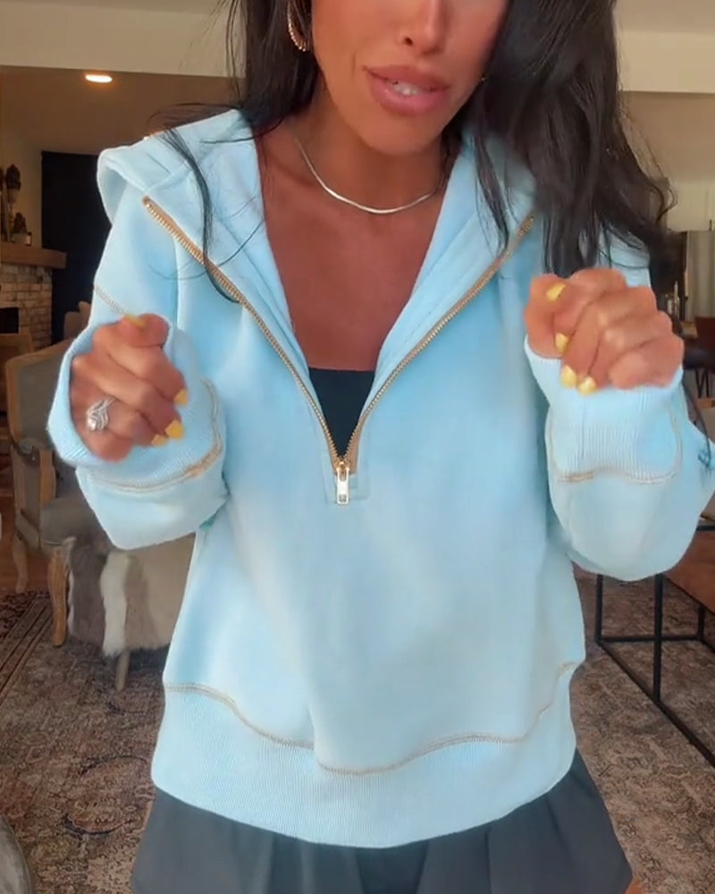 Luźna bluza z kapturem w jednolitym kolorze, zapinana na zamek