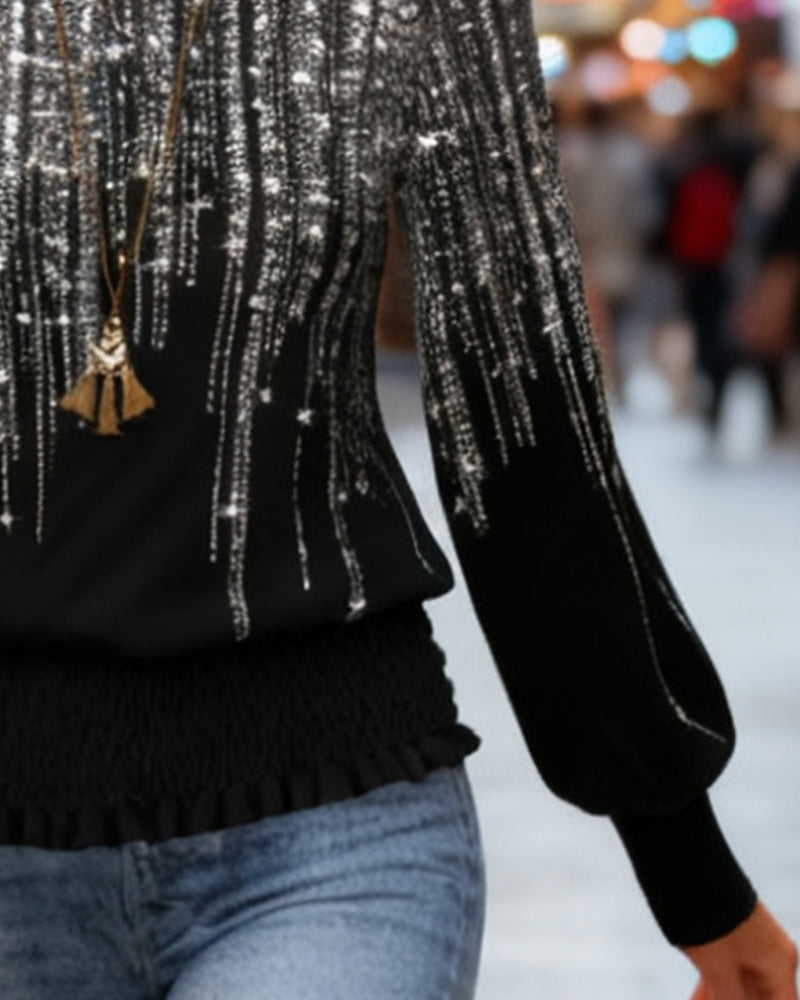 Modny top z nadrukiem i długim rękawem oraz okrągłym dekoltem