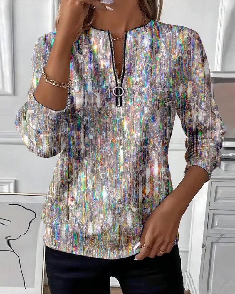 Bluza z nadrukiem i długim rękawem, zapinana na pół suwaka