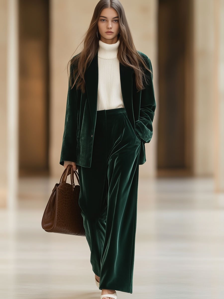 Aksamitny garnitur szyty na miarę - elegancki komplet składający się z marynarki i spodni dla kobiet